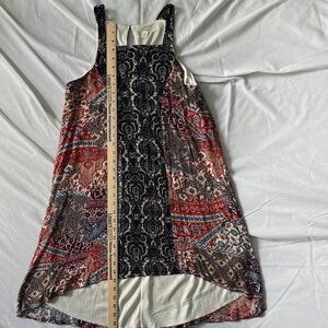 Miami burfandy, blue, brown, and Black boho Patterned hi low mini dress